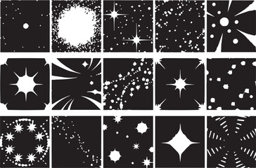 Poster - Collection of abstract black and white graphic elements representing stars bursts and particles isolated on transparent background