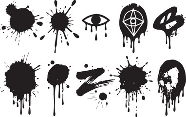 Poster - Collection of black ink splatter and drip graphics with mysterious symbols and eye isolated on transparent background