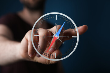 Poster - Close-up of a hand interacting with a digital compass, symbolizing guidance and direction.