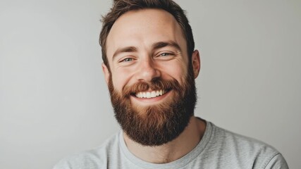 Poster - A man with a beard is smiling and looking at the camera. He is wearing a gray shirt