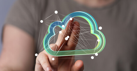 Poster - Hand interacting with a digital cloud.  Represents network, data, storage, and technology.