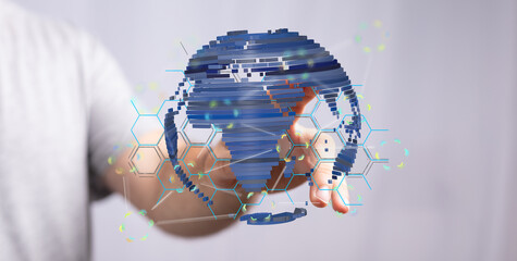 Poster - Person interacting with a digital globe, representing global network and technology.