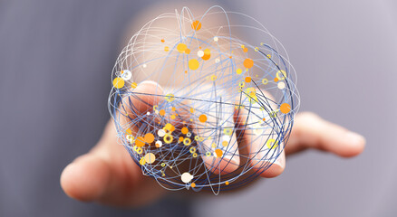 Poster - Abstract image of a hand holding a digital sphere, representing global network connections and data visualization.