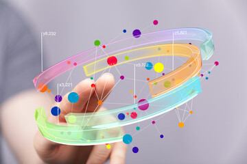 Poster - Abstract image of a hand interacting with a vibrant 3D data network. Perfect for technology, analytics, and connection concepts.