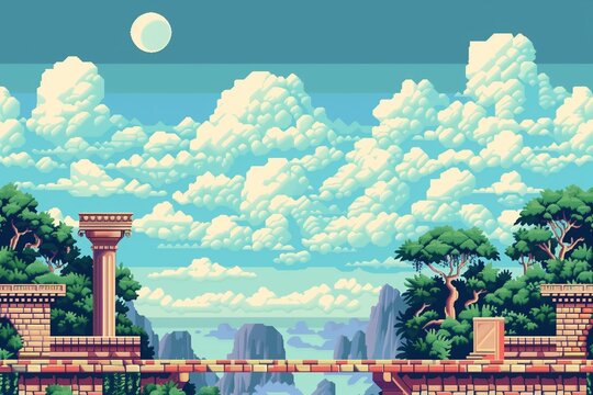 Seamless pixel art background, retro video game landscape with clouds and platforms, 8-bit aesthetic, pastel palette.