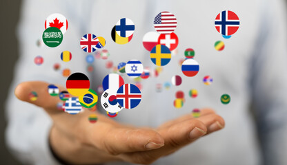 Poster - Image of diverse national flags floating above a hand, symbolizing global communication and connection.