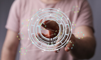 Poster - A person interacts with a futuristic holographic data chart showing percentages.
