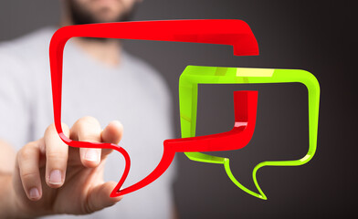 Leinwandbilder - Abstract image of a person interacting with speech bubbles, representing online communication and dialogue.