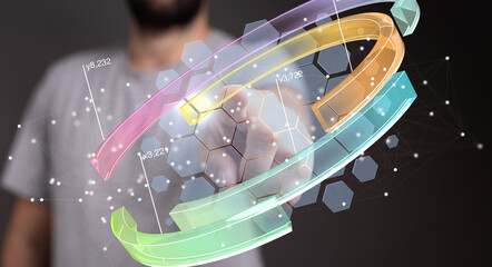 Poster - Abstract image of a person interacting with a holographic data display showing charts and graphs.