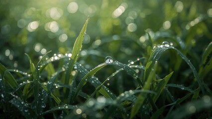 Poster - Nature's fresh moisture highlighted by sun rays on leaf surfaces, selective close-up.