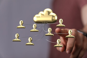 Poster - Gold cloud icon symbolizes secure data storage and user access. Ideal for technology, business, and networking concepts.