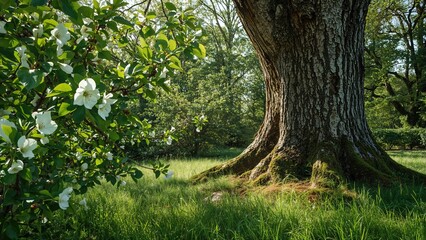 Poster - Lush green moss bathed in sunlight with floral patterns and natural textures in a summer setting
