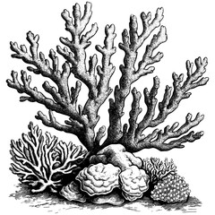 Vintage reef pattern, coral texture engraving, retro detailed etching, antique marine surface, black line art, hand-drawn ocean structure sketch, vector illustration, marine ecosystem design.