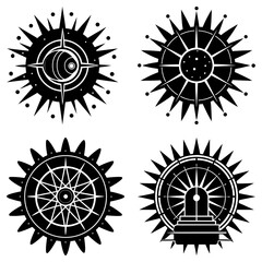Poster - Four black and white compass rose designs with starbursts and geometric shapes in a square format layout