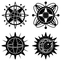 Fototapete - Four abstract black and white designs featuring globe, chip, atom and rocket elements in circular forms