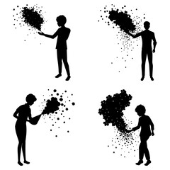 Poster - Silhouettes of people holding dark clouds of particles in a black and white arrangement style