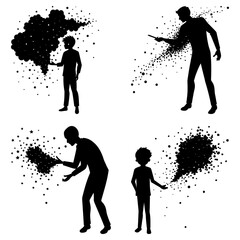 Poster - Silhouettes of people casting spells with magical dust and particles in black and white illustration
