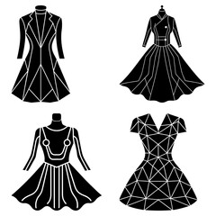 Poster - Four black and white dresses with geometric designs displayed in a square arrangement on white background