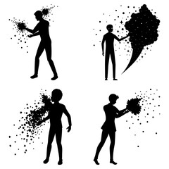 Poster - Silhouettes of people holding abstract shapes and particles in a black and white graphic representation