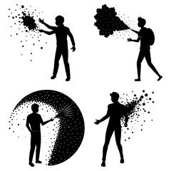 Poster - Silhouetted figures interacting with abstract particle effects in various dynamic poses and compositions