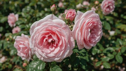 Poster - Cluster of delicate pink roses flourishing on a leafy garden plant surrounded by greenery