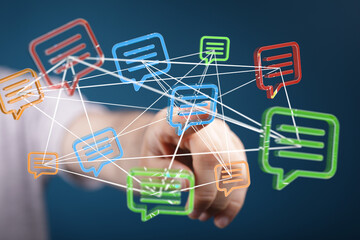 Poster - Interconnected speech bubbles illustrate global communication and networking.