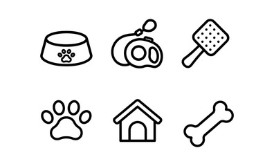 Poster - Pet care icons: bowl, leash, scoop, paw print, house, bone in line art style