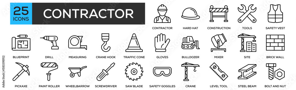 Contractor Icon Writing Contractor icon set collection. Containing design Contractor, Hard Hat ...