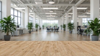 Poster - Stylish out-of-focus interior of a luminous open-plan office space adorned with plants and plywood floors.