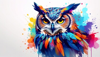  Abstract owl portrait with vibrant double exposure paint effects on a white background - blending wildlife detail and artistic expression in a bold, colorful, and mysterious visual style