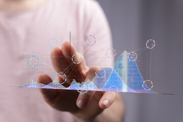 Poster - Hand interacting with a 3D digital graph. Business analytics, data analysis, technology concept.