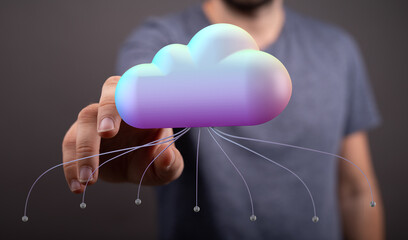 Poster - Person interacting with a cloud computing icon.  Secure data storage, network access.