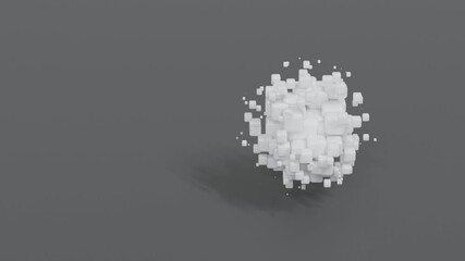 Modern 3d abstract background featuring spherical cloud made of multiple white cubes of different sizes rotating in circular motion on dark gray surface, clean animation loop