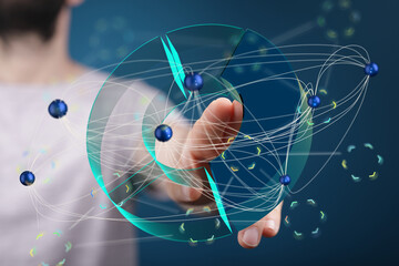 Poster - Hand interacting with a digital network, showing data connections and visualization. Technology, network, data.