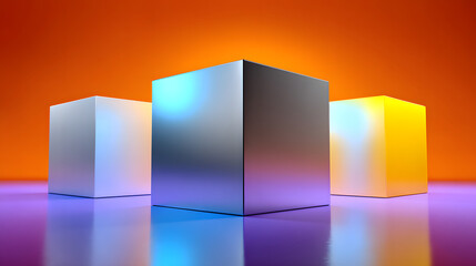 Poster - sleek metallic cube podiums on a vibrant gradient background, product mockup