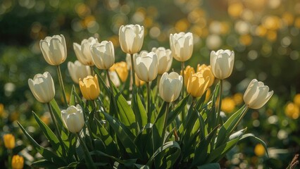 Poster - Lovely white and yellow tulips blooming in a garden during spring