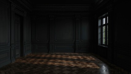 Poster - 3D rendered vintage-style empty black room with wooden parquet, classic panel walls, spacious window, and warm home lighting.