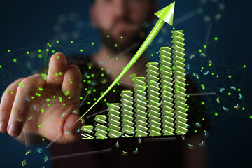 Poster - Stock photo of a hand interacting with a 3D growth chart, symbolizing data analysis and business success.