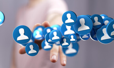 Poster - Hand reaching for blue profile icons, symbolizing social media connections and networking.