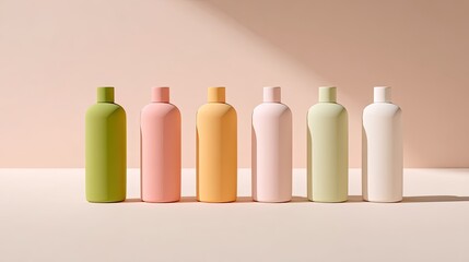 Poster - Colorful Minimalist Bottles Arranged on a Soft Pink Surface for Modern Aesthetic and Product Display