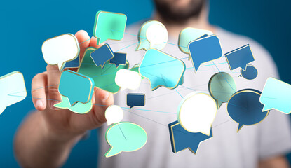 Conceptual image showing a man interacting with a network of speech bubbles, symbolizing global communication and interconnectedness.