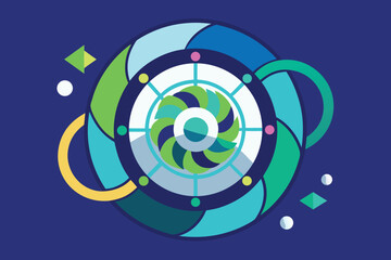 Poster - Abstract geometric design featuring a circular pattern with layered colors and playful shapes on a dark blue background.