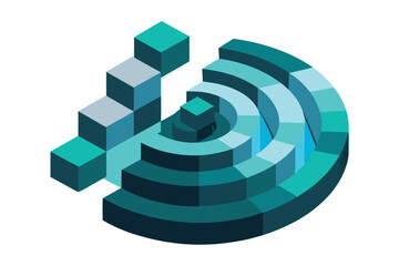 Poster - Abstract geometric design featuring three dimensional cubes and a circular element in a cool color palette on white.