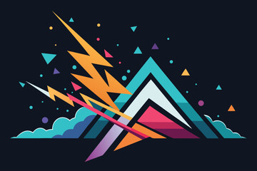 Poster - Abstract geometric design with colorful shapes and lightning bolt on a dark background for modern creative projects