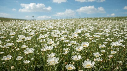 Wall Mural - Gentle wind rustles through a field of fragile white blooms, crafting a tranquil and beautiful scene