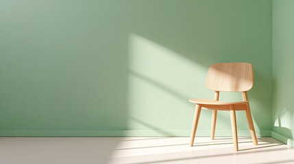 Poster - Minimalistic Wooden Chair in Bright Green Room with Soft Natural Light and Shadows for Modern Decor Inspiration