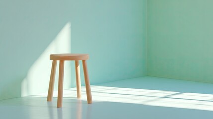 Poster - Minimalist Wooden Stool in Bright and Airy Room with Soft Natural Light and Calm Color Palette