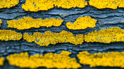 Close-up of yellow lichen growing on rough, dark bark, showing intricate textures and natural patterns on the tree surface.