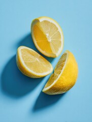 Poster - Fresh Lemon Wedges Arranged on a Soft Blue Backdrop Create a Clean and Stylish Presentation Perfect for Culinary Contexts
