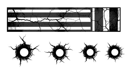 Poster - Grunge style banner with horizontal stripes and four cracked hole designs in black and white color scheme
